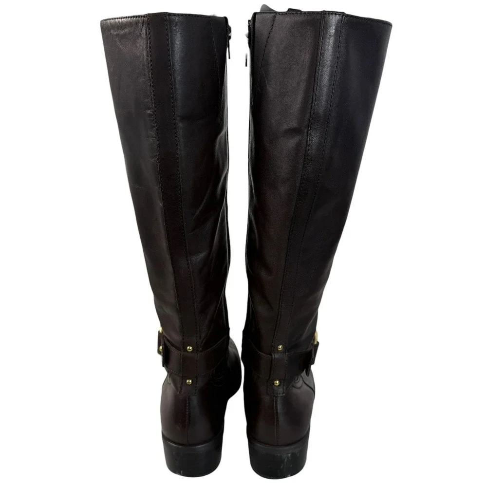 Lauren Ralph Lauren Womens Micah Dark Brown Leather Riding Boots Gold Buckle 9.5